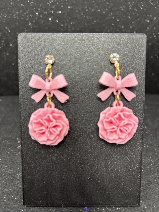 Handmade Jewelry - Light Pink Bow & Flower Earrings | Soft Floral Dangle Earrings